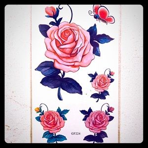 TEMPORARY PINK ROSES & BUTTERFLY TATTOOS 🦋